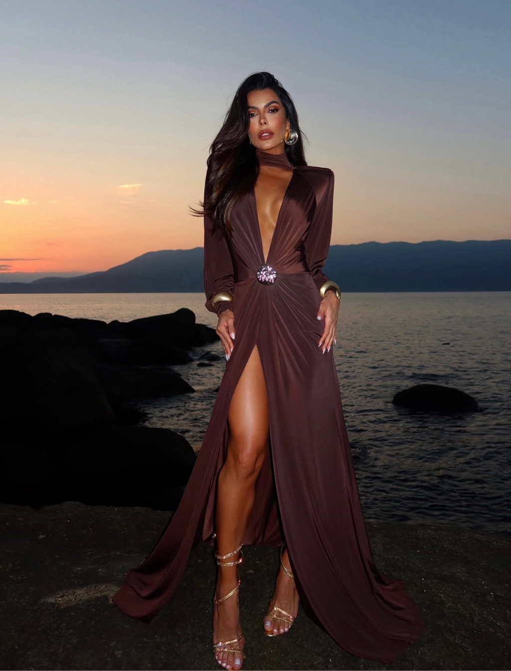 Peach Motel Deep Plunge Satin Maxi Dress – Chocolate Brown Evening Gown with High Slit