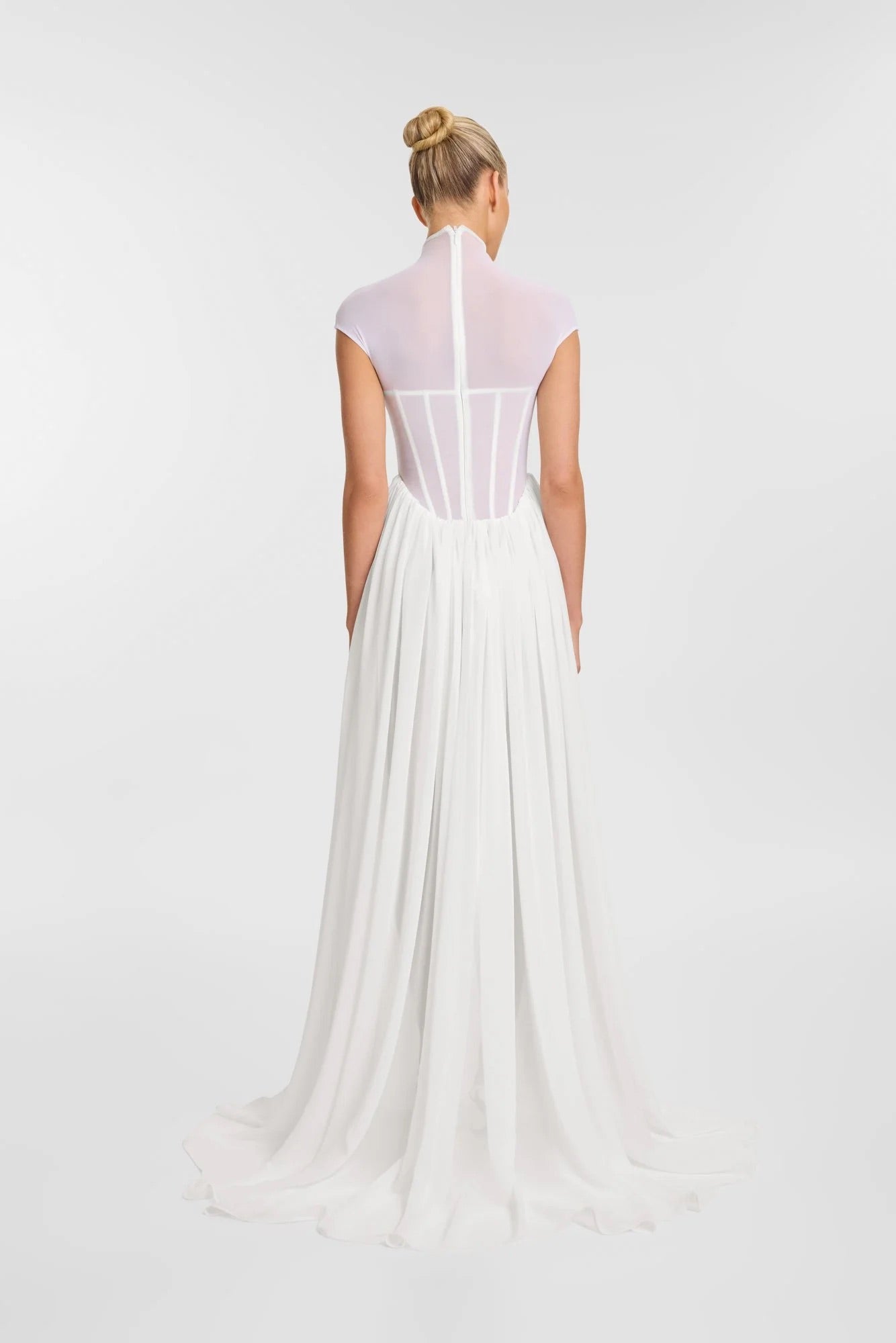 White Illusion Corset Maxi Dress – High Neck Sheer Bodice & Flowing Skirt | Peach Motel