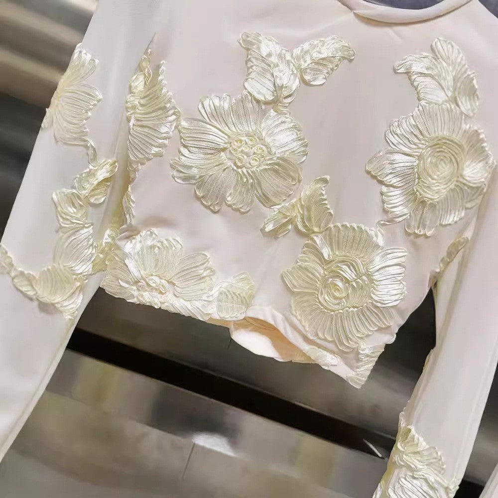 Cream Floral Appliqué Crop Top & Mini Skirt Set – Peach Motel