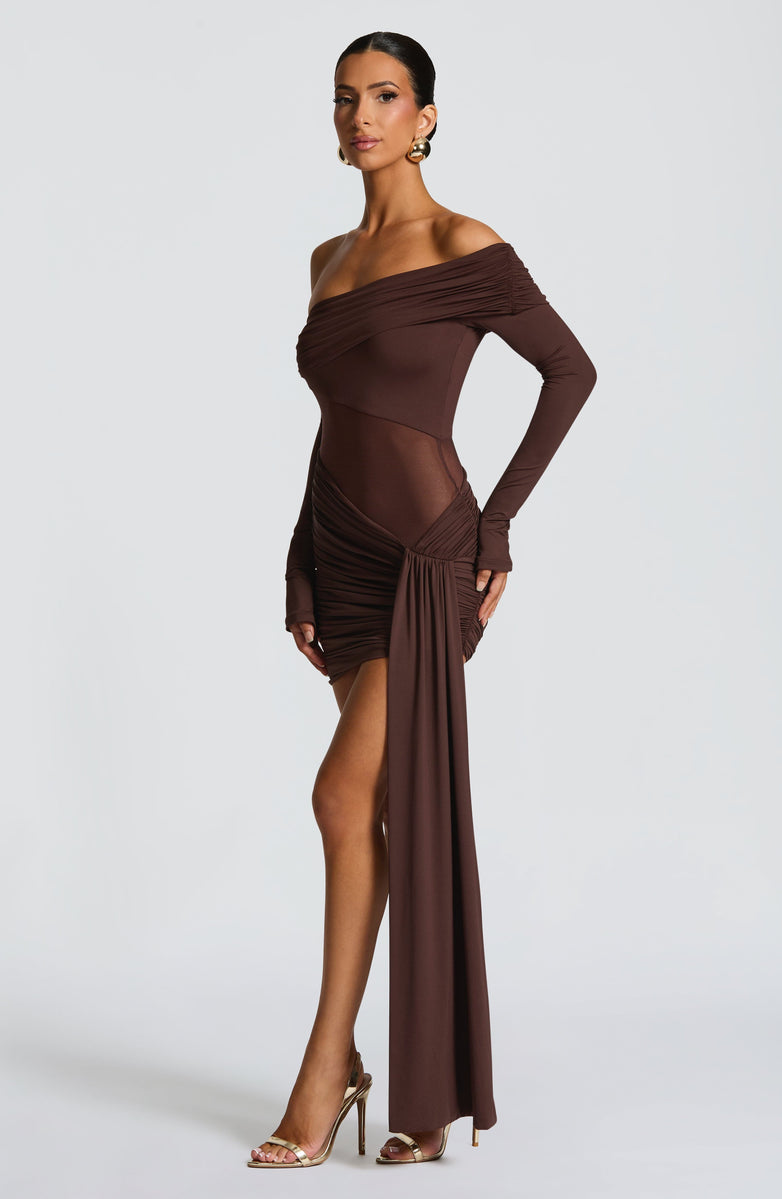 Chocolate Ruched Asymmetrical Maxi Dress