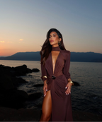 Peach Motel Deep Plunge Satin Maxi Dress – Chocolate Brown Evening Gown with High Slit