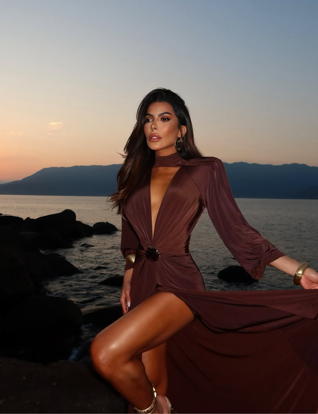 Peach Motel Deep Plunge Satin Maxi Dress – Chocolate Brown Evening Gown with High Slit