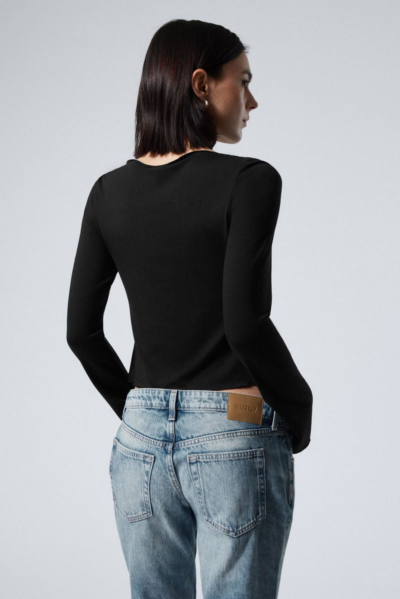 Asymmetrical Lace-Up Black Long Sleeve Top – Edgy Cutout Detail