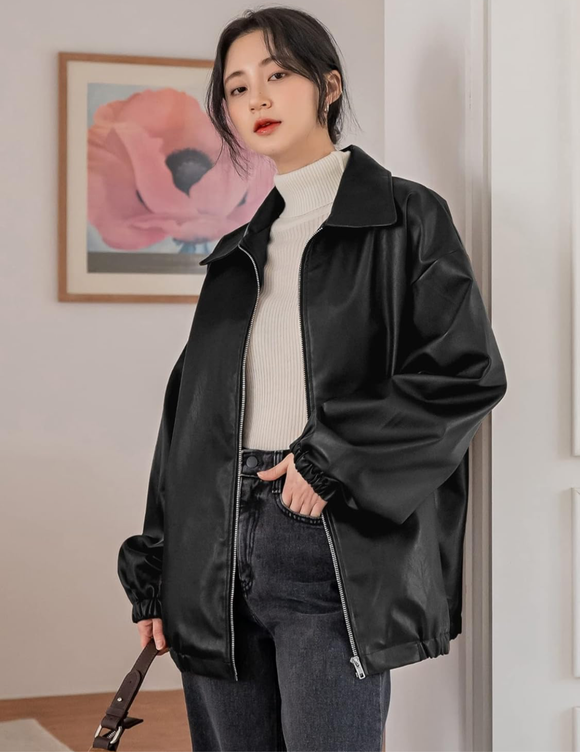 Oversized Faux Leather Bomber Jacket – Black Streetwear Layer