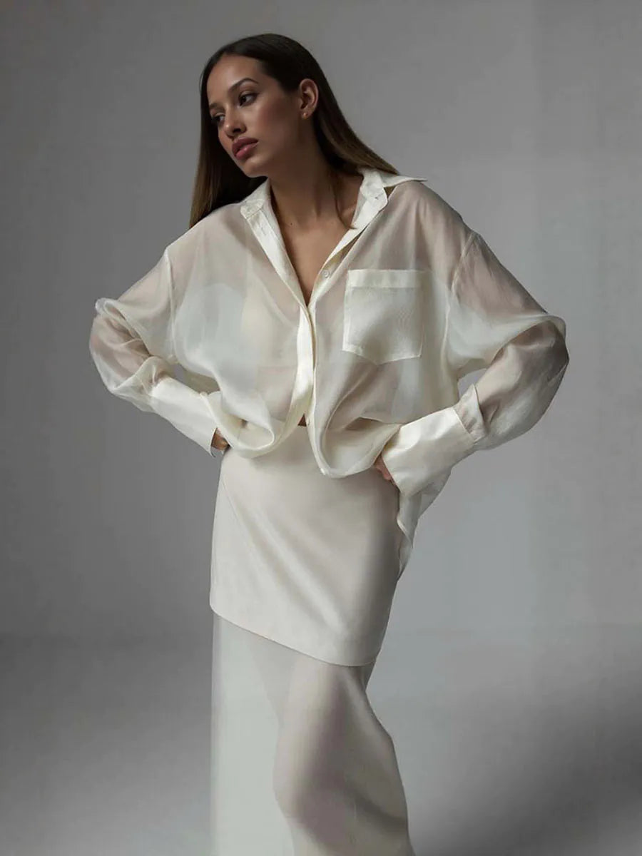 Ethereal Sheer Silk Set – Luxe Cream Shirt & Midi Skirt