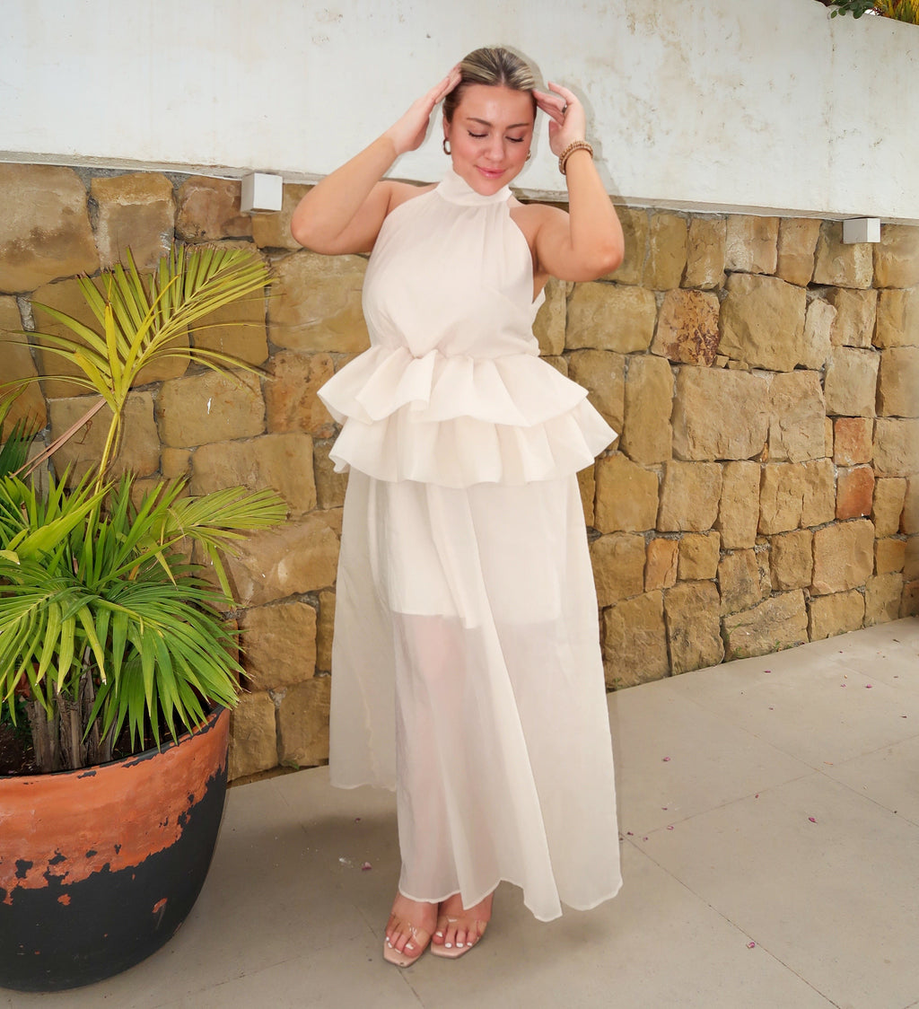 Ivory Halter Ruffle Maxi Dress – Sheer Chiffon Skirt & Peplum Waist