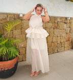 Ivory Halter Ruffle Maxi Dress – Sheer Chiffon Skirt & Peplum Waist