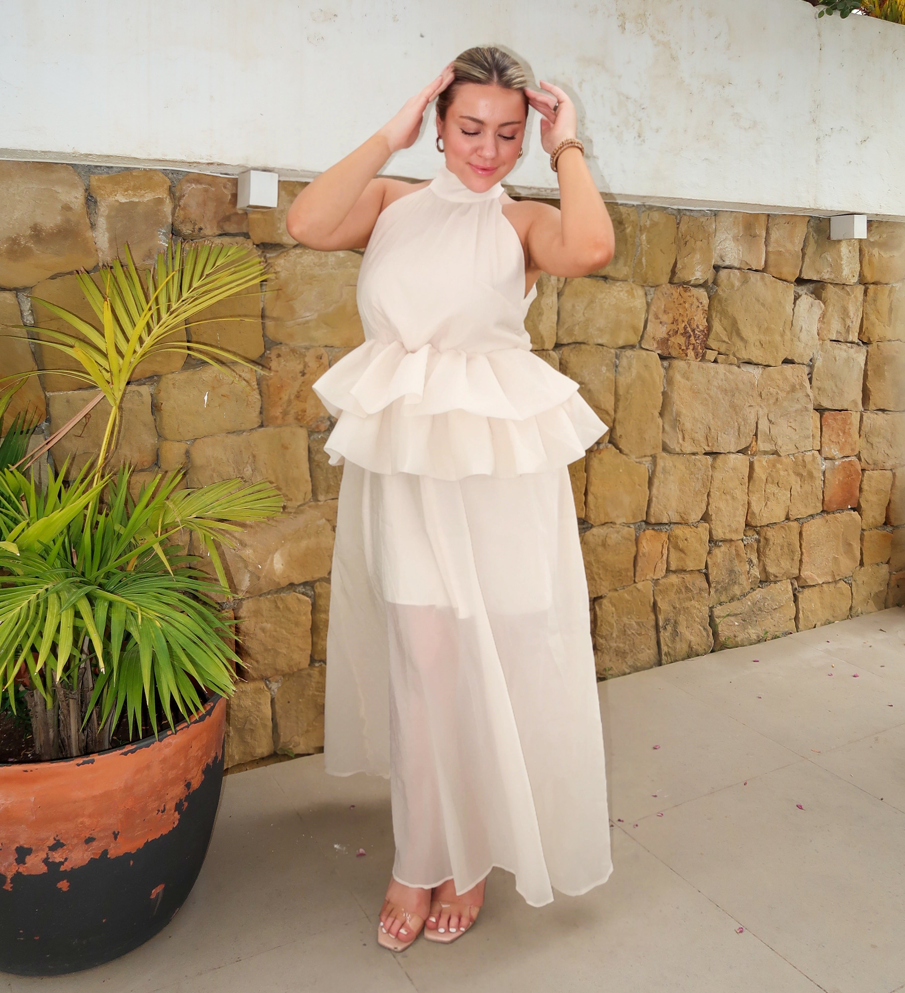 Ivory Halter Ruffle Maxi Dress – Sheer Chiffon Skirt & Peplum Waist