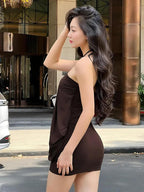 Chocolate Brown Halter Bubble-Hem Mini Dress | Draped Y2K Party Look