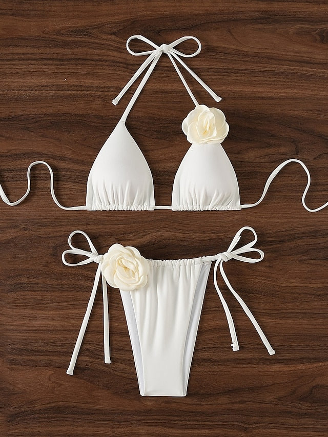 White Rose Appliqué Tie Bikini Set – Peach Motel Swimwear