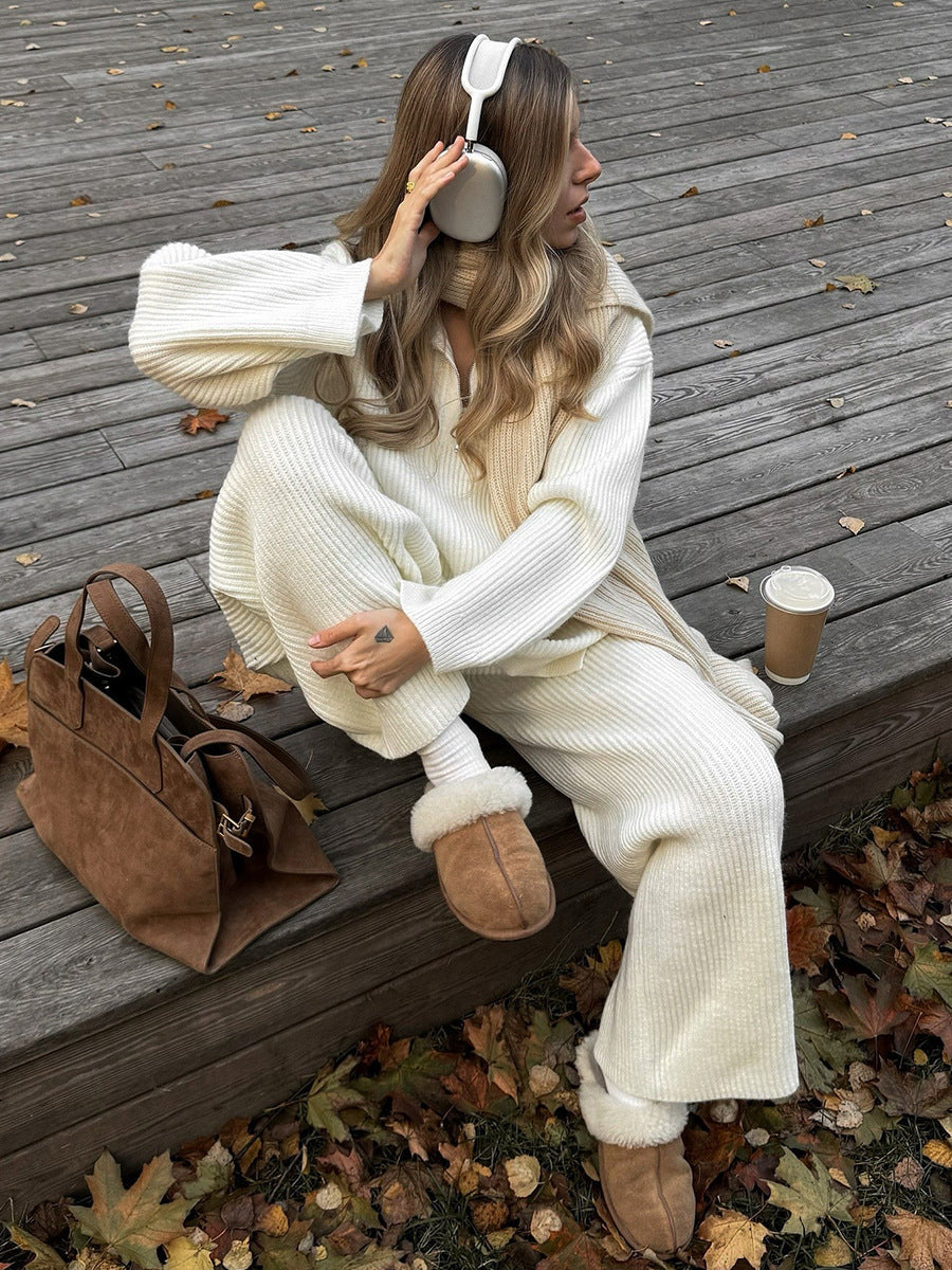 Cozy Ribbed Knit Loungewear Set – Wide Leg Pants & Half-Zip Sweater