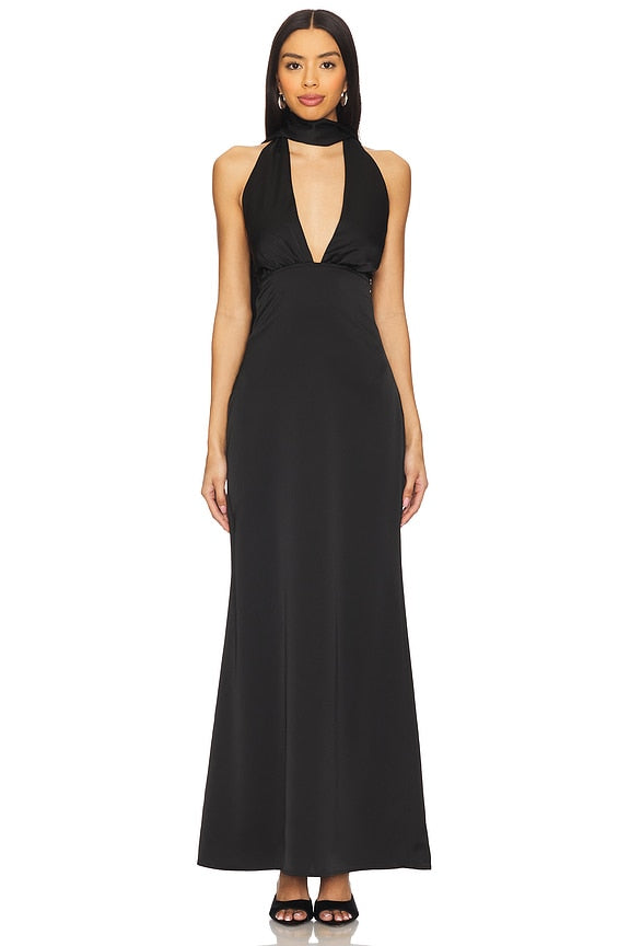 Black Halter Plunge Maxi Dress with Scarf Neck – Peach Motel