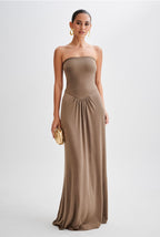Strapless Taupe Maxi Dress – Elegant Minimalist Evening Gown