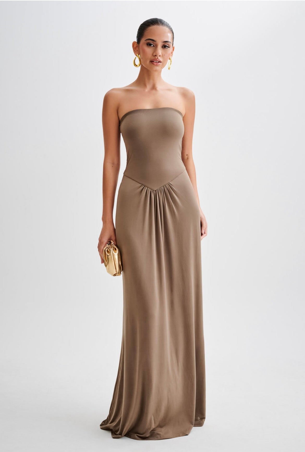 Strapless Taupe Maxi Dress – Elegant Minimalist Evening Gown