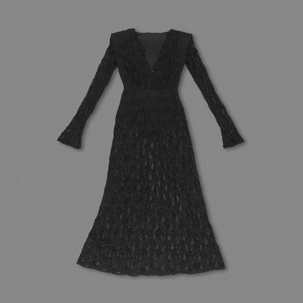 Black Lace Plunge Maxi Dress | Sheer Long Sleeve Evening Dress