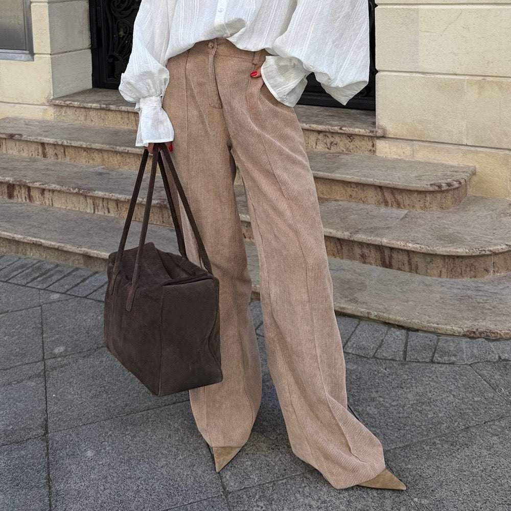 Peach Motel Corduroy Wide-Leg Pants – High-Waisted Neutral Trousers