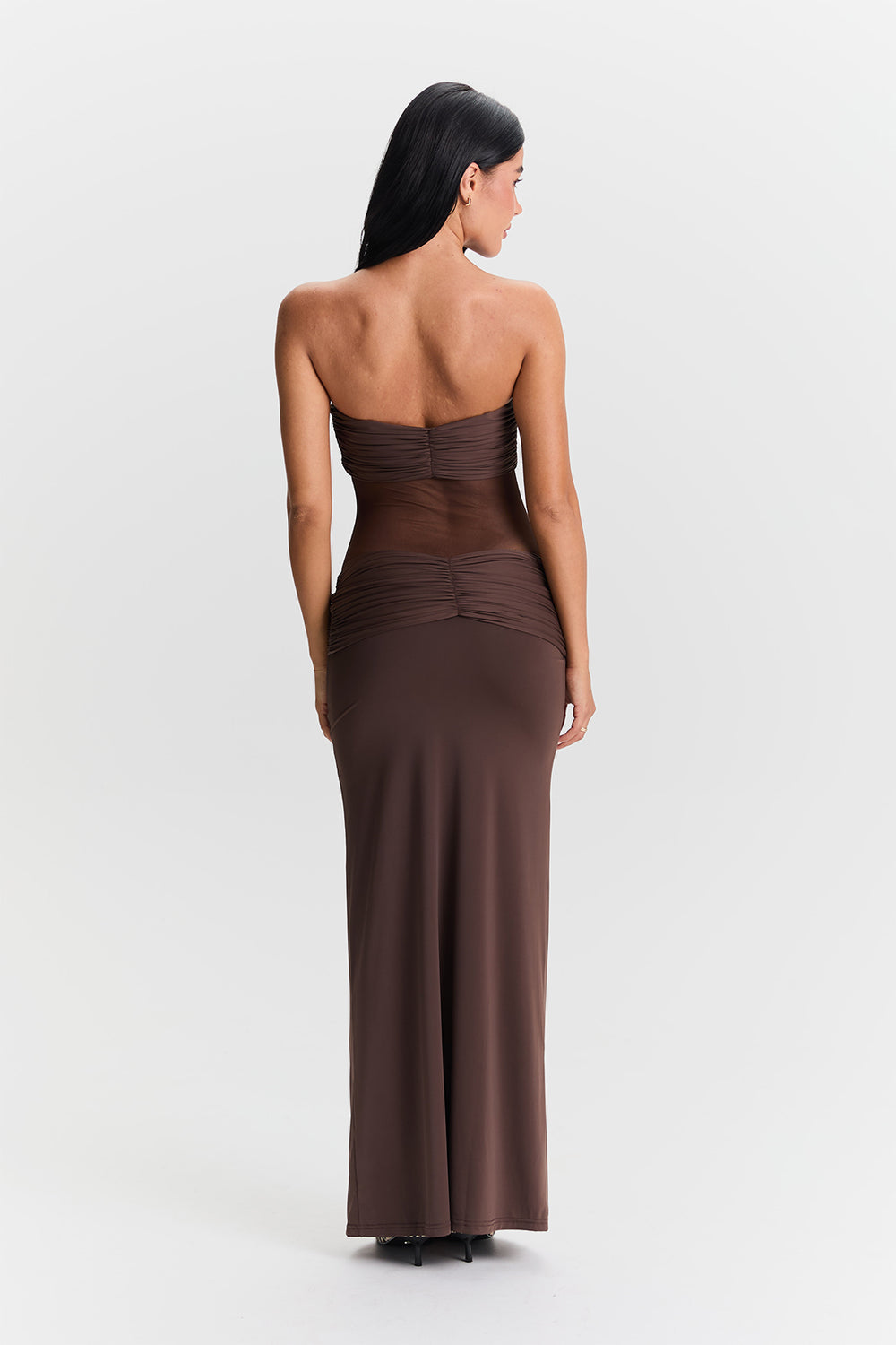 Chocolate Mesh Knot Detail Maxi Dress – Elegant Sheer Evening Gown