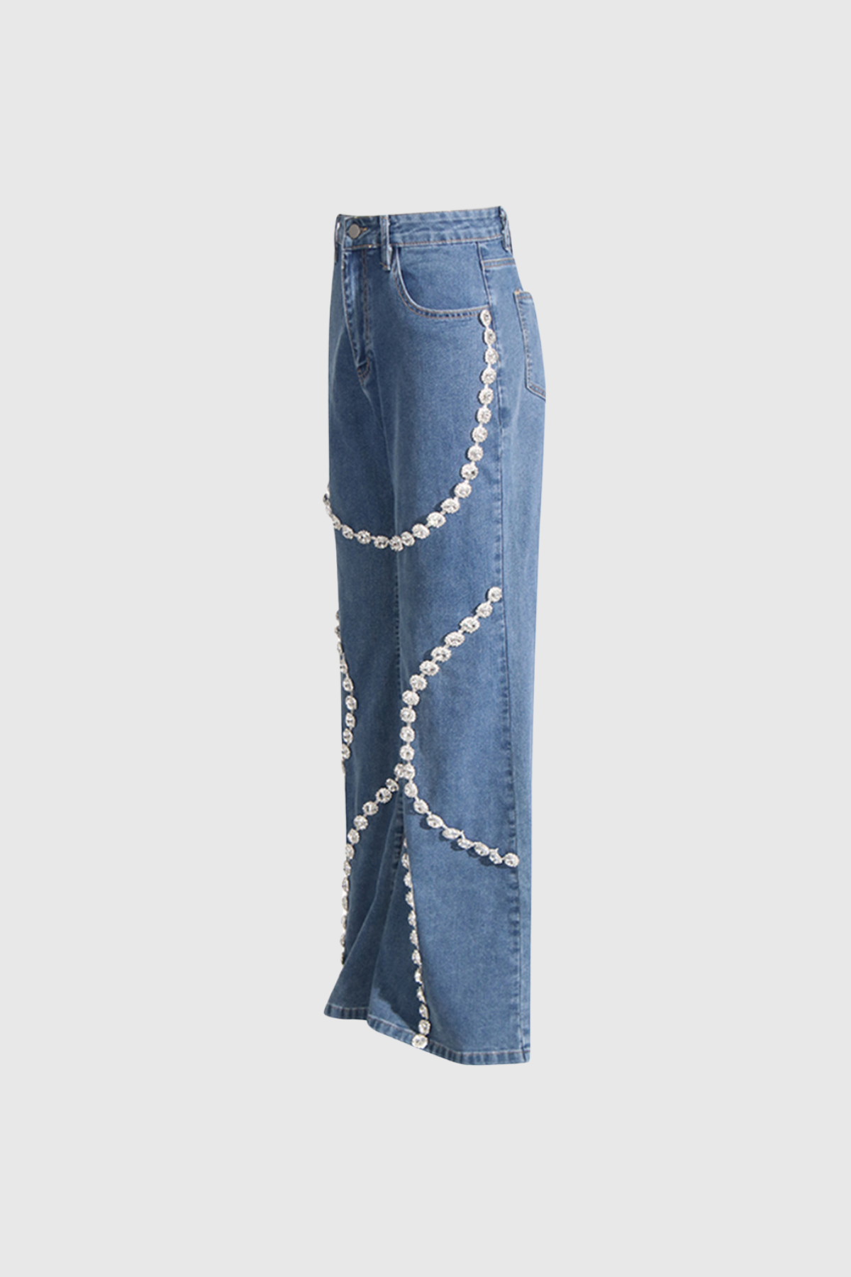 Peach Motel Crystal Wave High-Waist Flare Jeans – Statement Rhinestone Embellished Denim