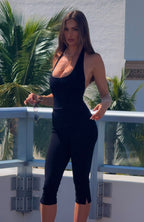 Black Halter Neck Cropped Jumpsuit | Peach Motel
