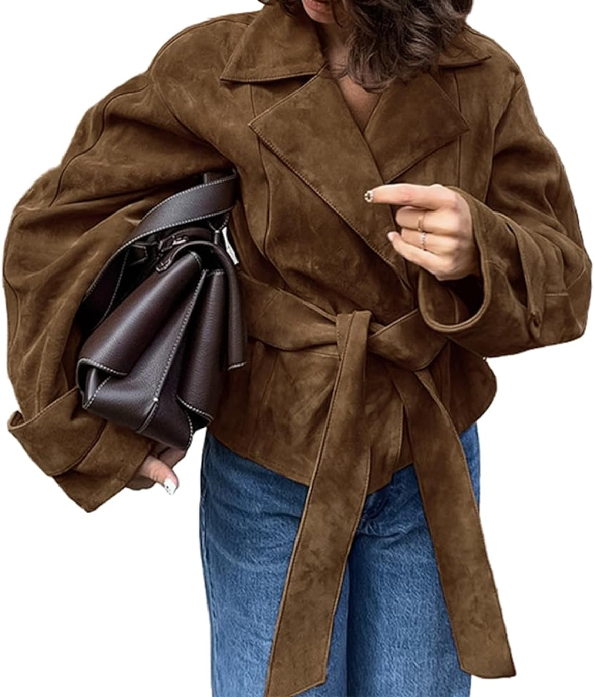 Women’s Brown Suede Tie-Waist Jacket – Chic Oversized Outerwear