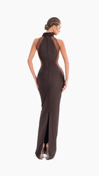 Peach Motel Chocolate Sculpted Halter Gown – Braided Detail & Hourglass Silhouette
