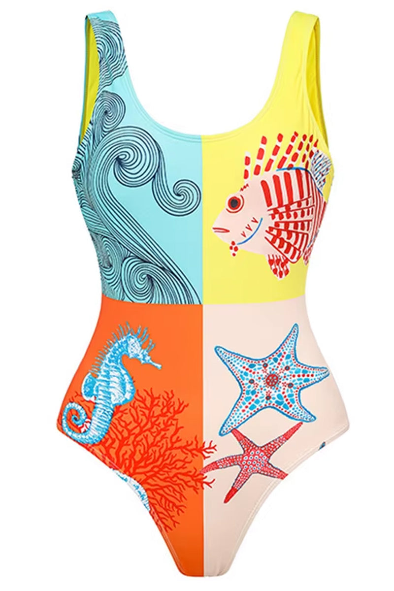 Ocean Bloom One-Piece Swimsuit & Starfish Maxi Skirt Set – Vibrant Coastal Resortwear by Peach Motel