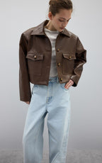 Cropped Brown Leather Jacket with Utility Pockets | Peach Motel