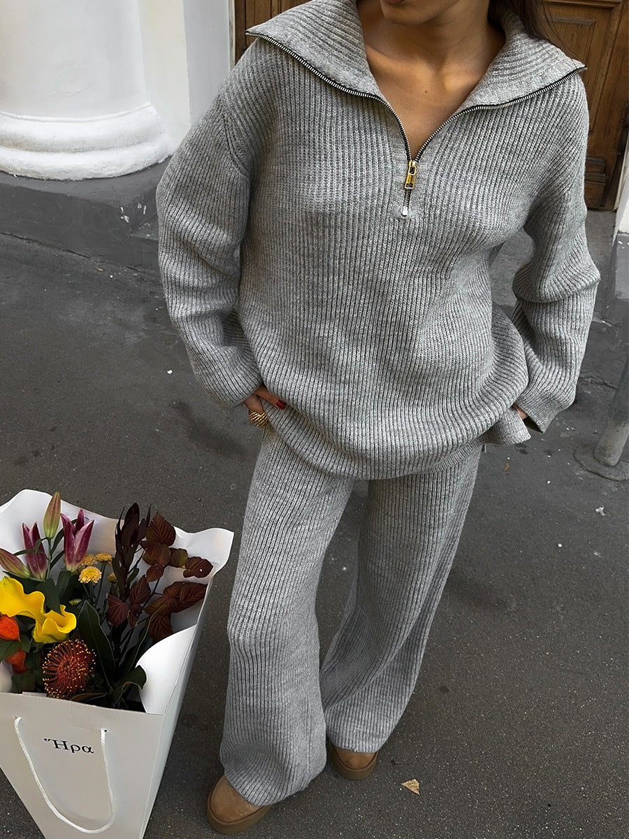 Cozy Ribbed Knit Loungewear Set – Wide Leg Pants & Half-Zip Sweater