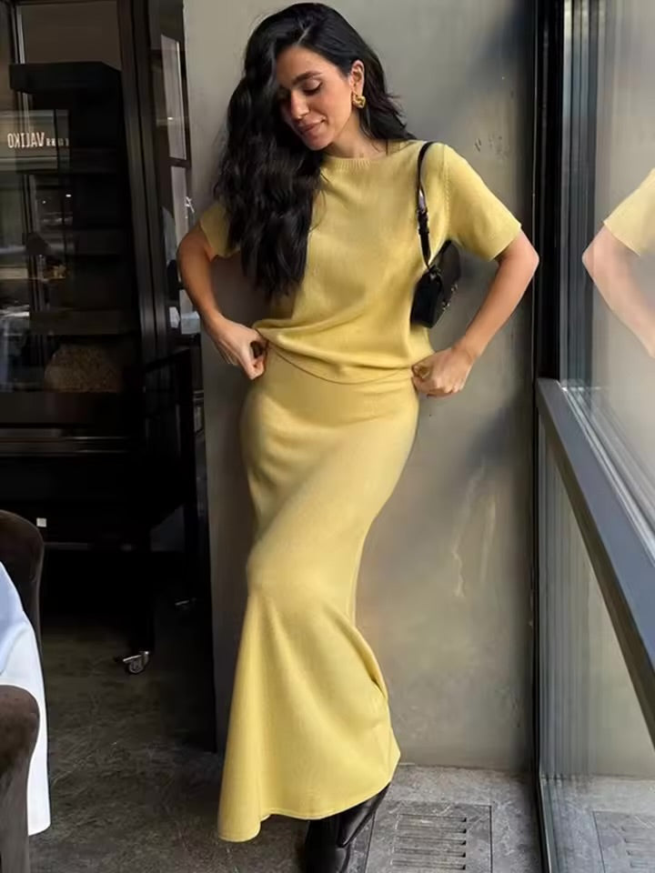Lemon Knit Maxi Skirt & Top Co-Ord Set – Short Sleeve Sweater & Bodycon Skirt