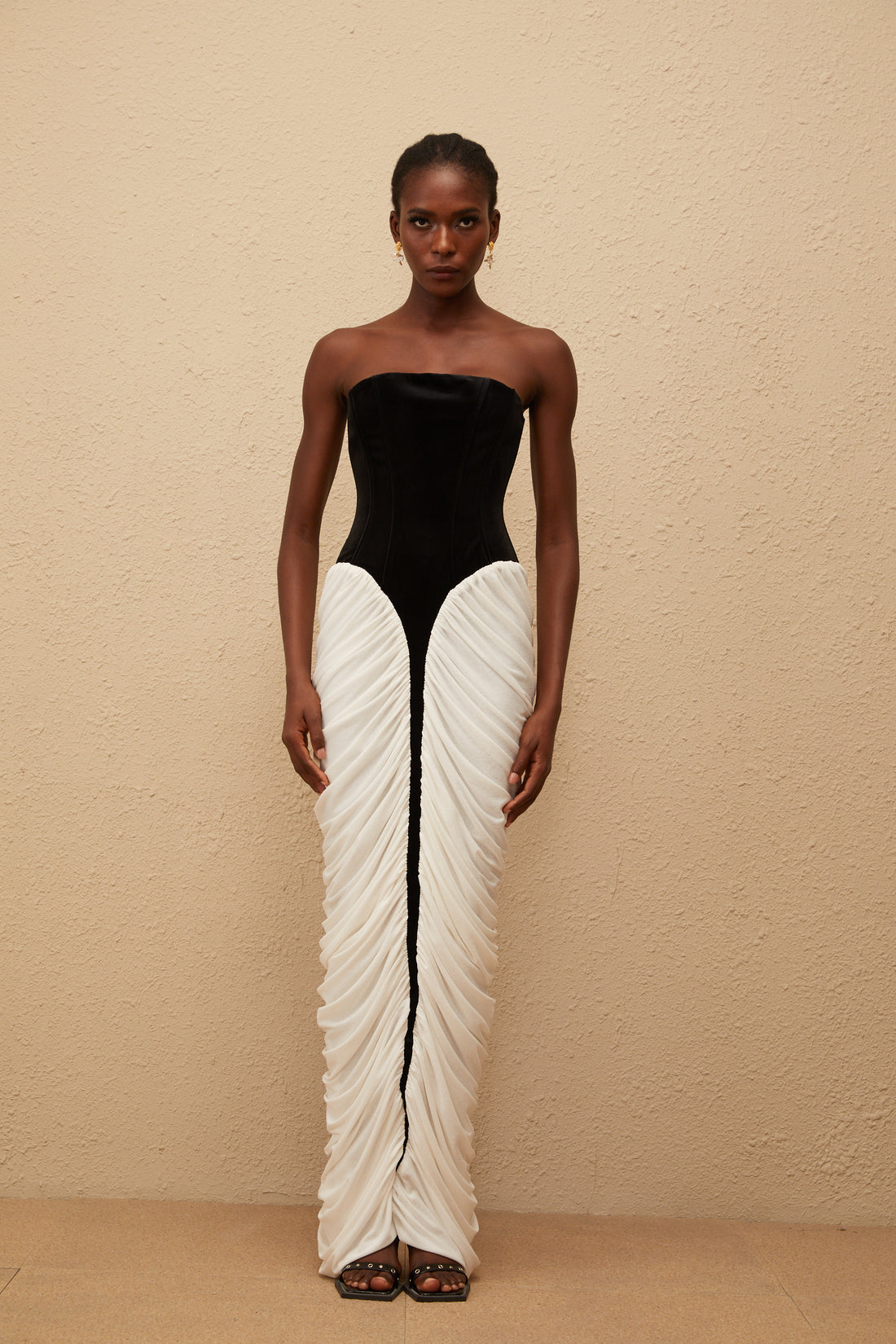 Strapless Black and White Corset Maxi Dress