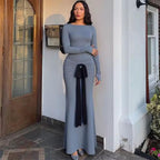 Elegant Long Sleeve Evening Gown with Black Bow Detail – Peach Motel