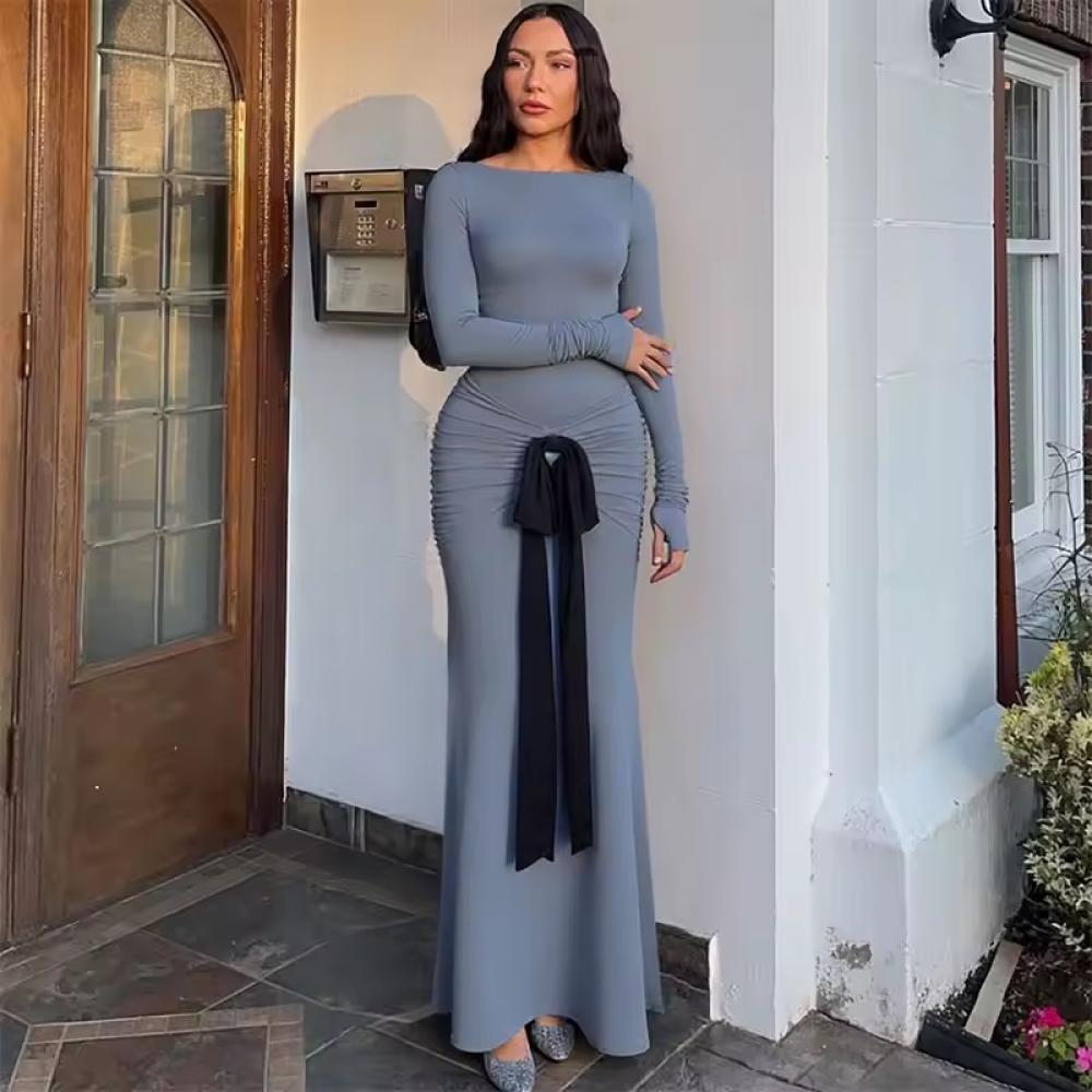 Elegant Long Sleeve Evening Gown with Black Bow Detail – Peach Motel