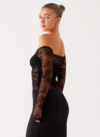 Black Off-Shoulder Lace Panel Evening Gown – Peach Motel