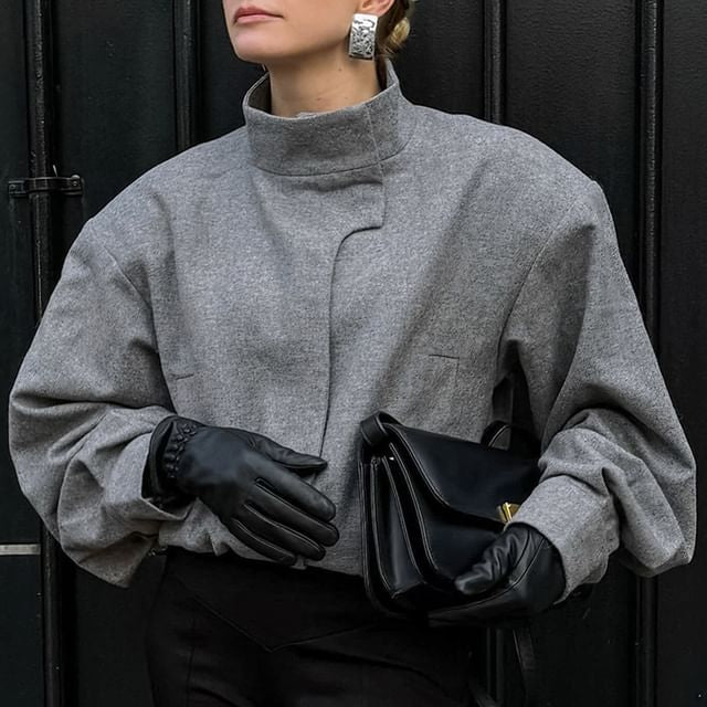 Structured Wool Stand Collar Jacket – Gray