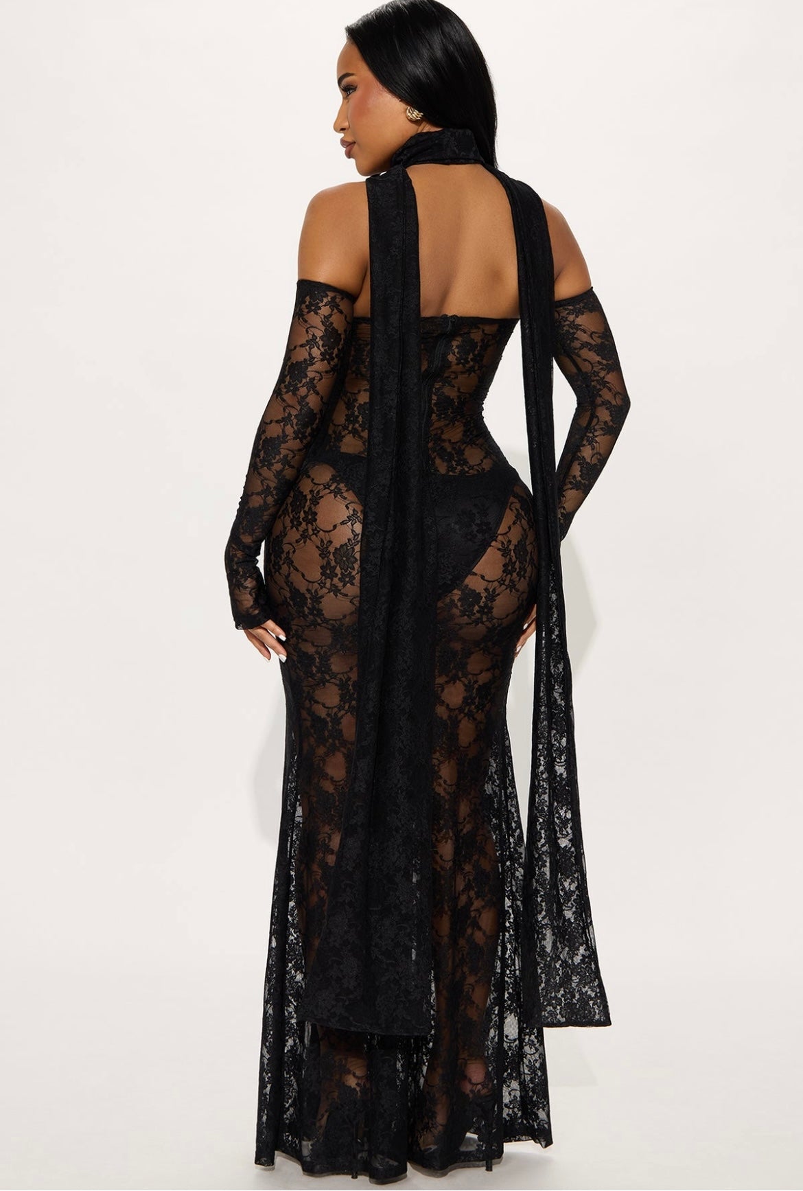 Black Lace Cutout Maxi Dress – Long Sleeve Sheer Gown