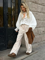 Peach Motel Corduroy Wide-Leg Pants – High-Waisted Neutral Trousers
