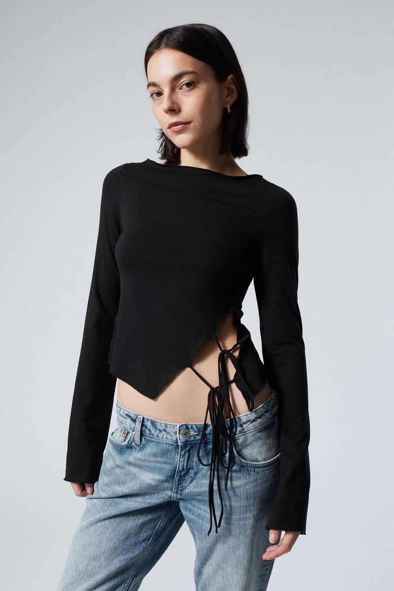 Asymmetrical Lace-Up Black Long Sleeve Top – Edgy Cutout Detail