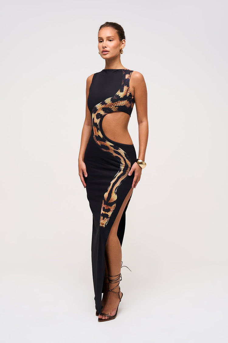 Black Snake Print Cutout Maxi Dress – Bold & Sexy Evening Wear
