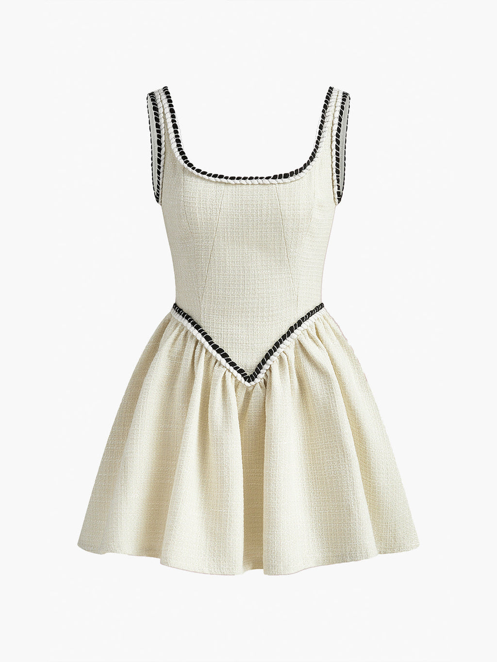 Vienna Mini Dress with Black Trim |Ivory Bouclé Fit & Flare Dress