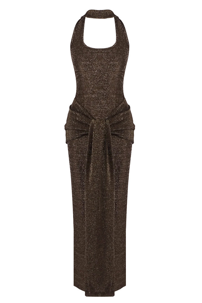 Brown Sleeveless Tie-Waist Maxi Dress with Scarf Detail – Peach Motel