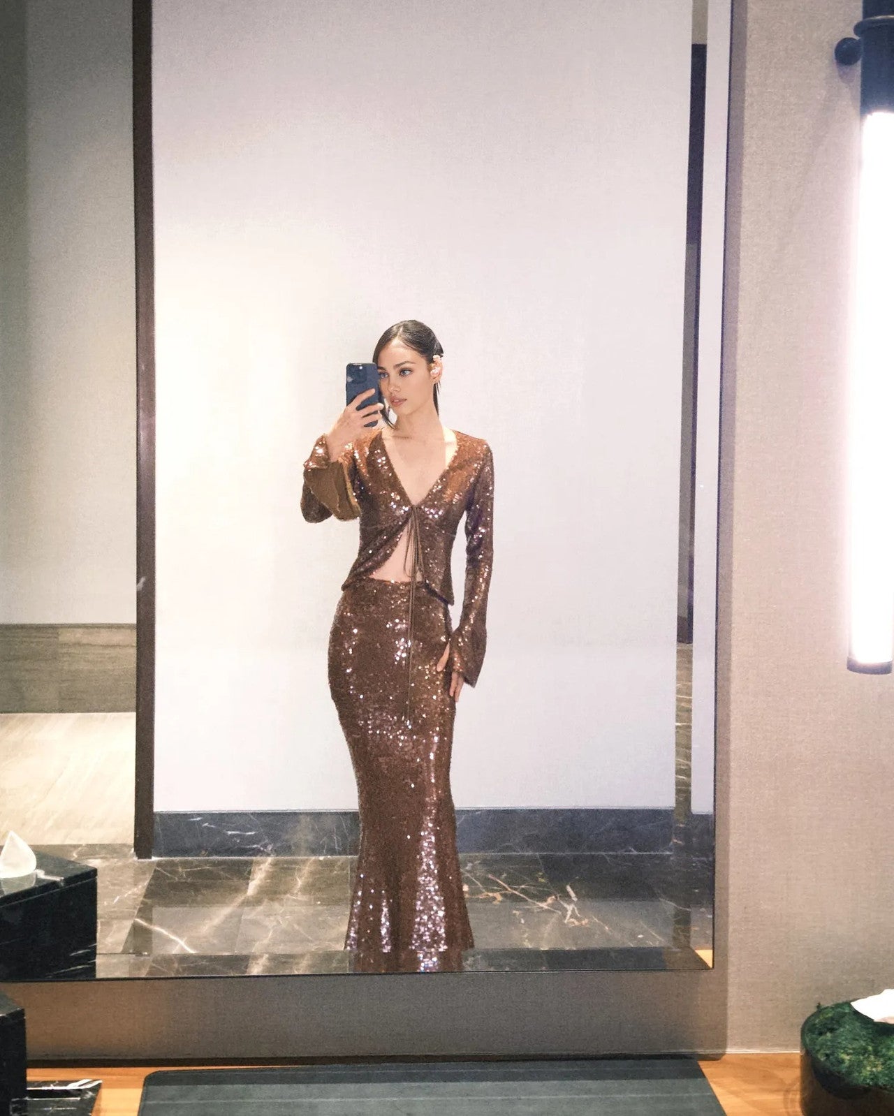 Bronze Sequin Two-Piece Set – Deep Plunge & Flared Skirt