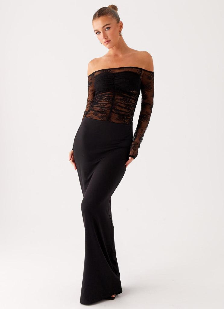 Black Off-Shoulder Lace Panel Evening Gown – Peach Motel
