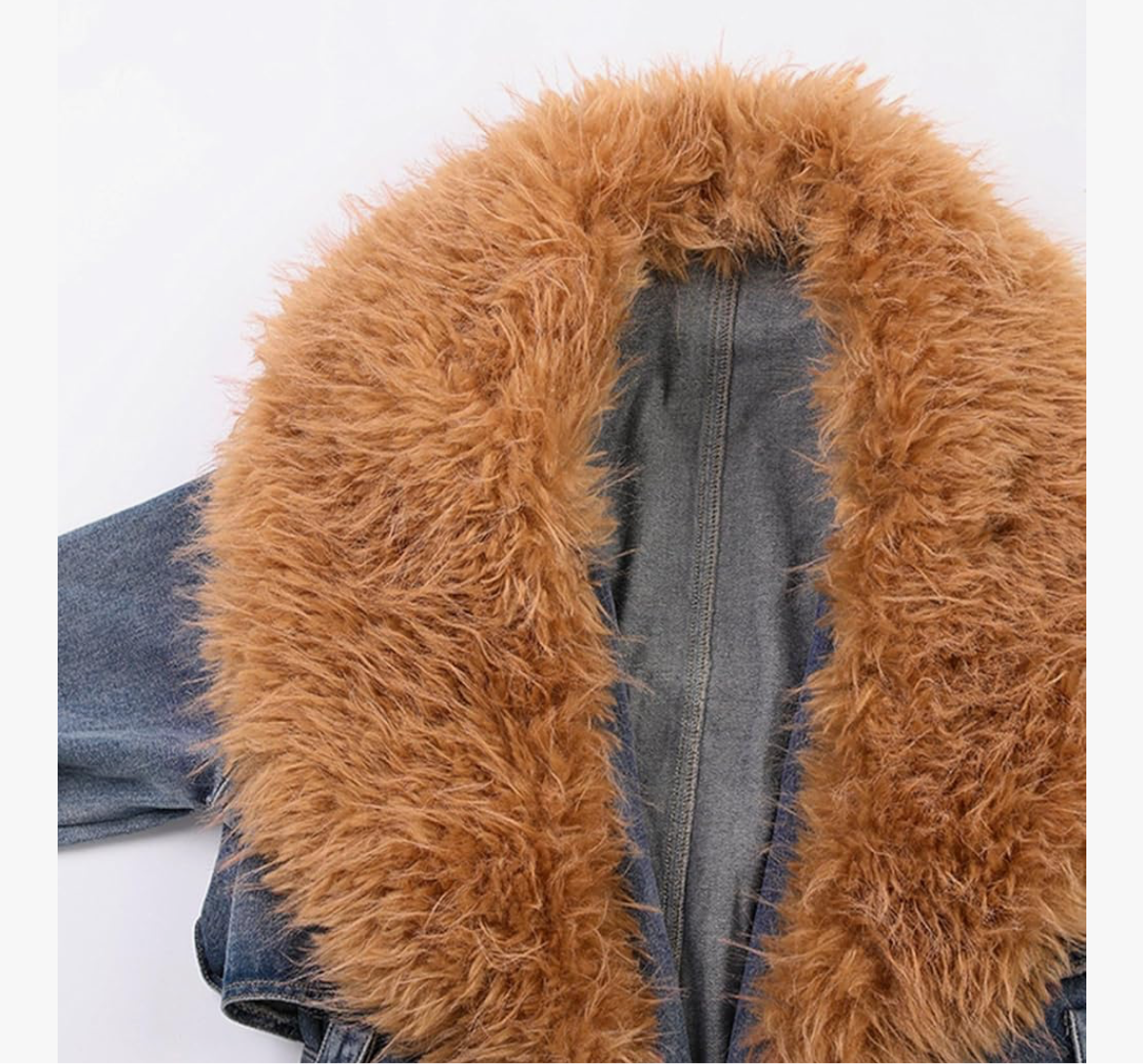 Women’s Long Denim Coat with Oversized Faux Fur Collar – Luxe 2025 Outerwear