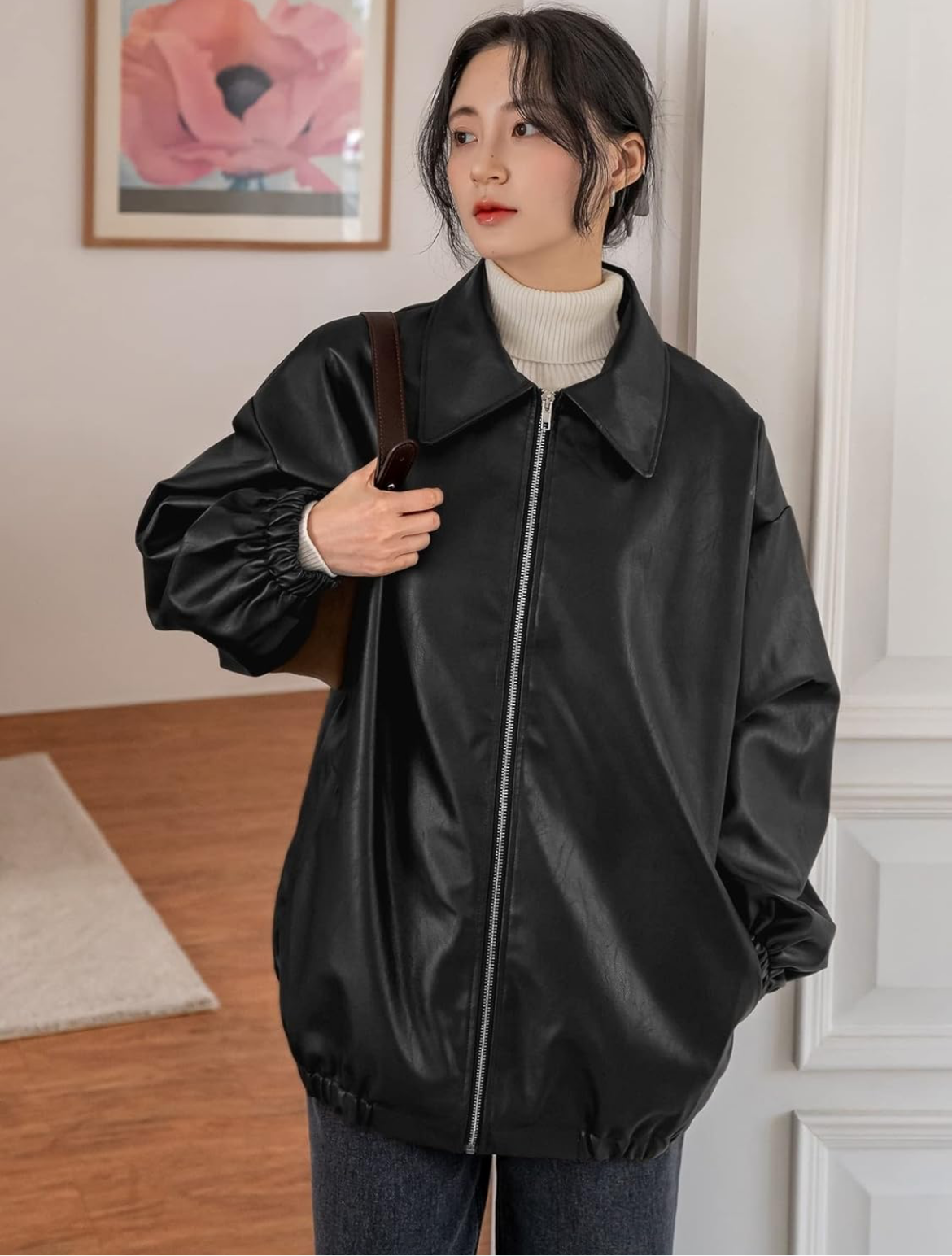 Oversized Faux Leather Bomber Jacket – Black Streetwear Layer