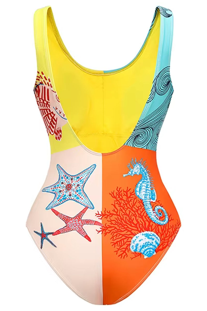 Ocean Bloom One-Piece Swimsuit & Starfish Maxi Skirt Set – Vibrant Coastal Resortwear by Peach Motel