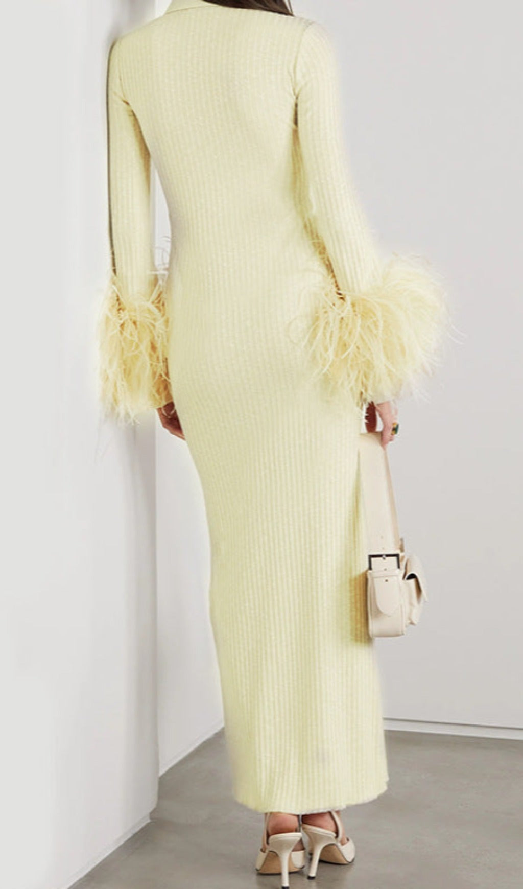 Luxury Ribbed Midi Dress with Feather Cuffs – Peach Motel