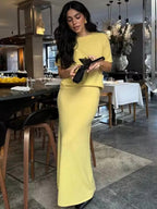 Lemon Knit Maxi Skirt & Top Co-Ord Set – Short Sleeve Sweater & Bodycon Skirt