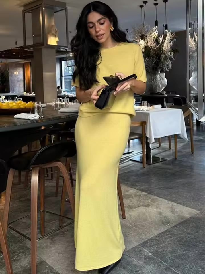 Lemon Knit Maxi Skirt & Top Co-Ord Set – Short Sleeve Sweater & Bodycon Skirt