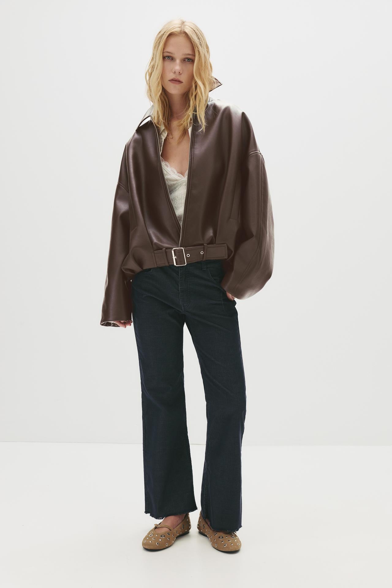Peach Motel Oversized Belted Faux Leather Jacket – Brown