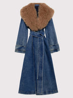 Women’s Long Denim Coat with Oversized Faux Fur Collar – Luxe 2025 Outerwear